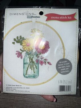 Dimensions Flower Mason Jar Cross Stitch Kit - Pink, Yellow, Green